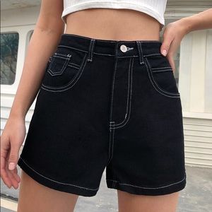 High Waist Stitch Trim Denim Shorts